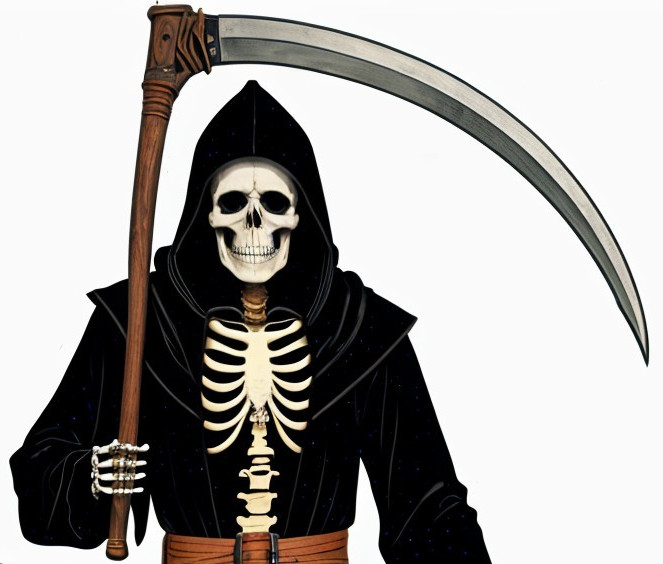 Skeleton in Dark Robe with Scythe on Dark Background