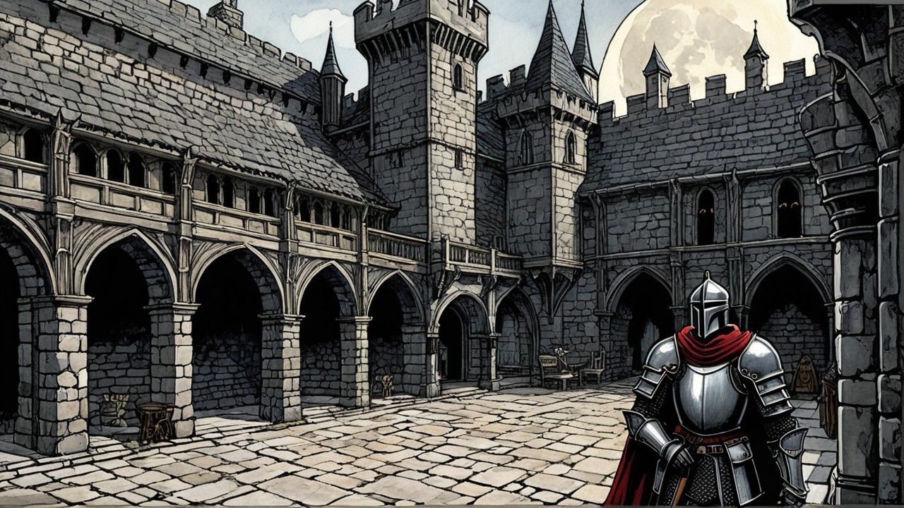 Medieval Castle Courtyard with Knight and Moonlight