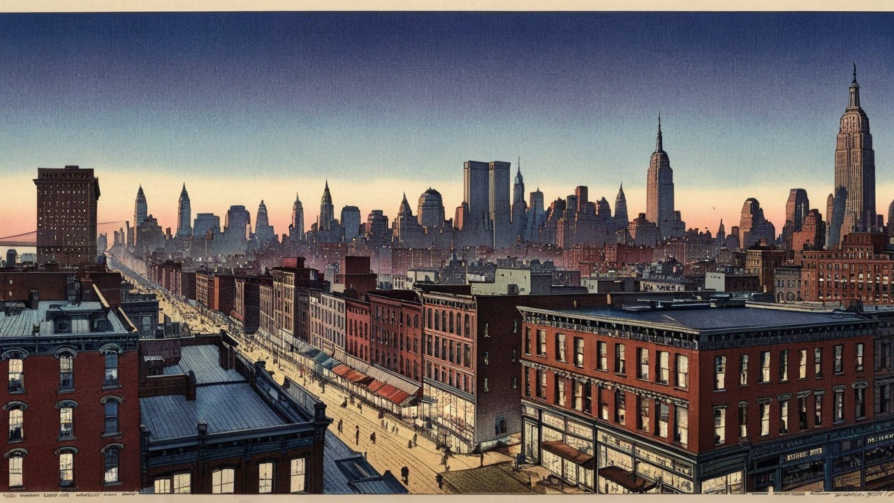 Vibrant City Skyline at Dusk with Historic Buildings