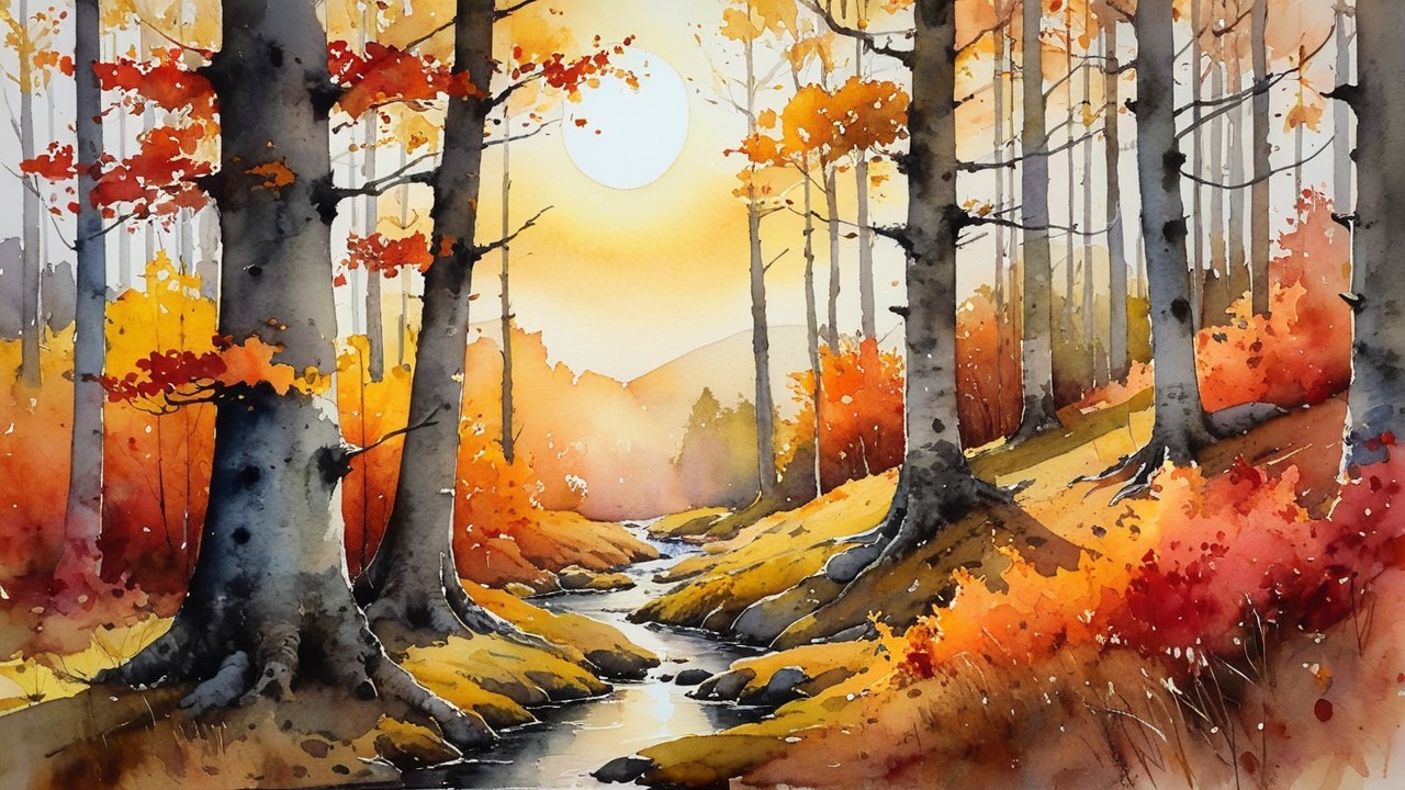Autumn Forest Landscape at Sunset with Stream