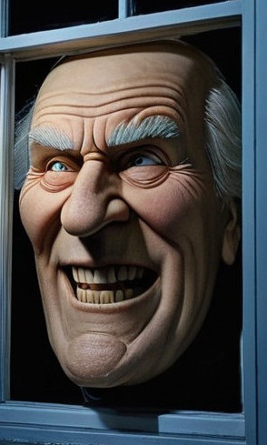 Elderly Man Mask with Menacing Grin in Window Display