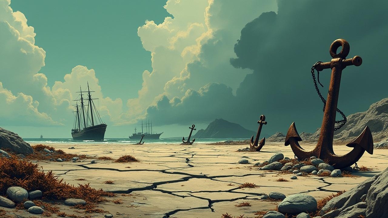 Desolate Shoreline with Rusted Anchors and Ships