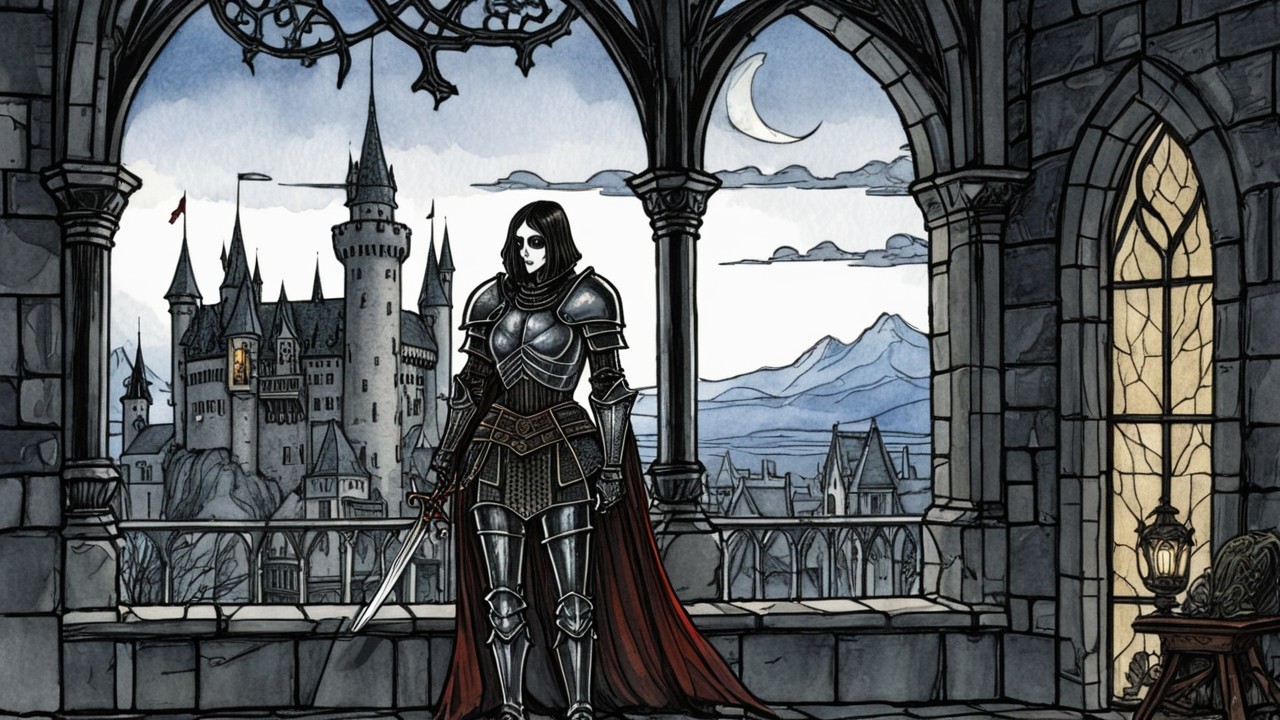 Mysterious Figure in Dark Armor Before Majestic Castle