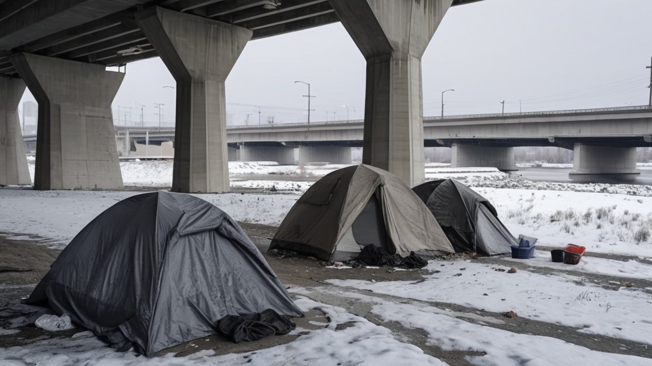 Dome tents on snow-covered ground under a highway bridge