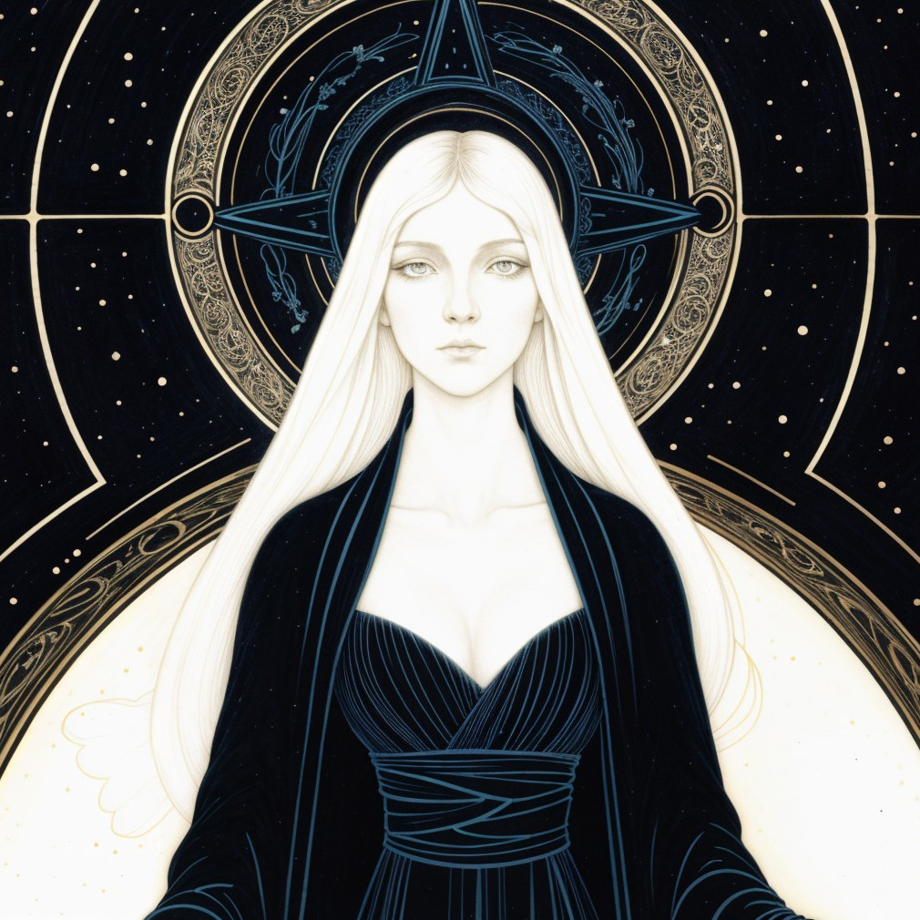 Serene figure in blue gown against starry backdrop