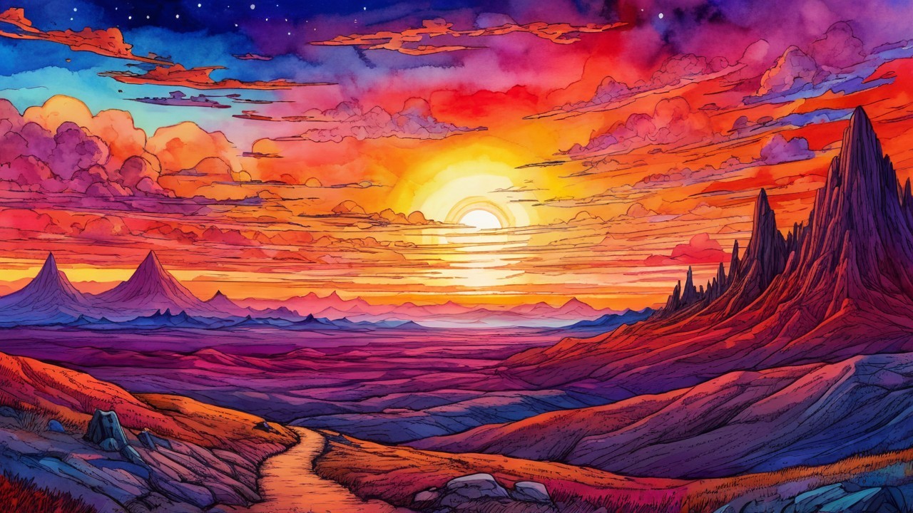 Dramatic Sunset Landscape with Colorful Sky and Mountains