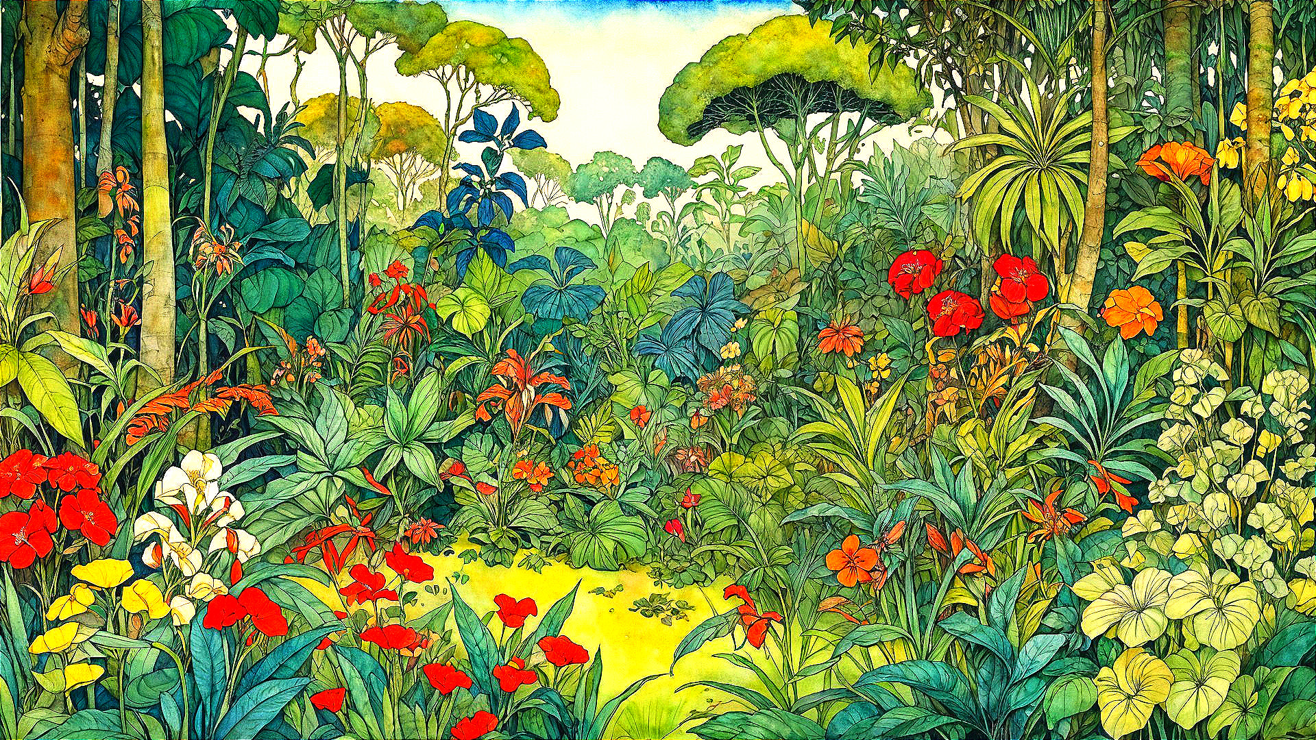 Vibrant Jungle Scene with Lush Vegetation and Flowers