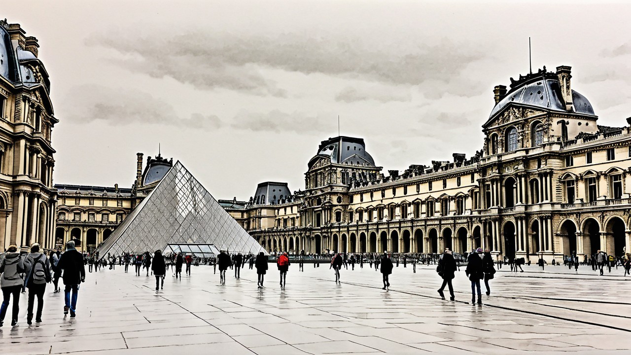 Louvre Museum with Glass Pyramid and Reflective Plaza