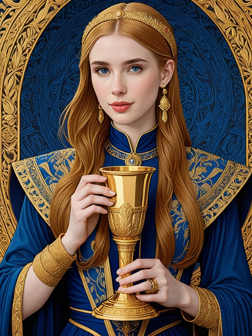 Regal young woman in blue gown with golden chalice