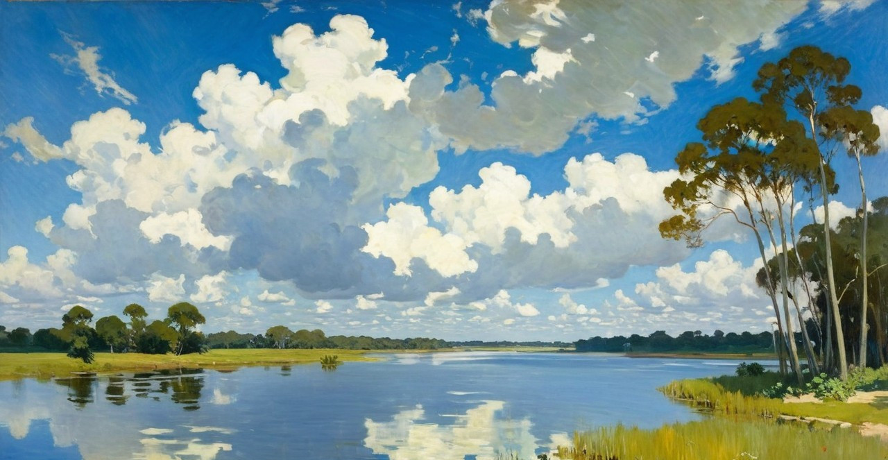 Serene River Landscape Under Blue Sky and Clouds