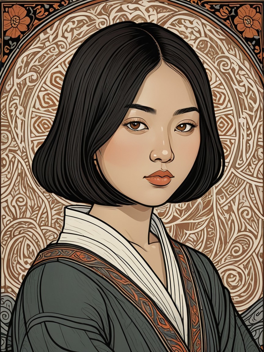 Young Woman in Traditional Attire with Ornate Background