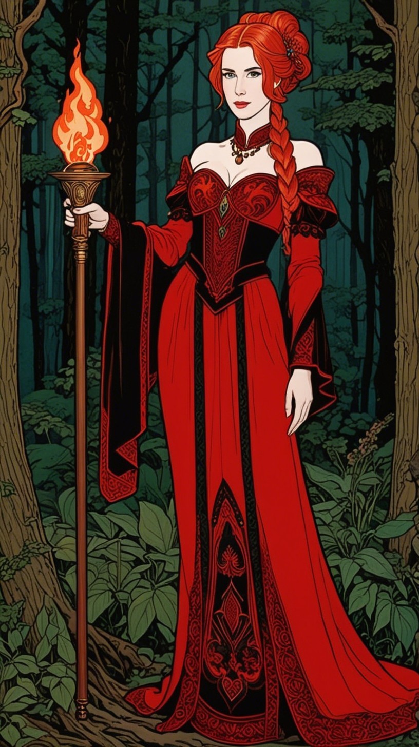 Figure in Red Gown with Torch in Dark Forest