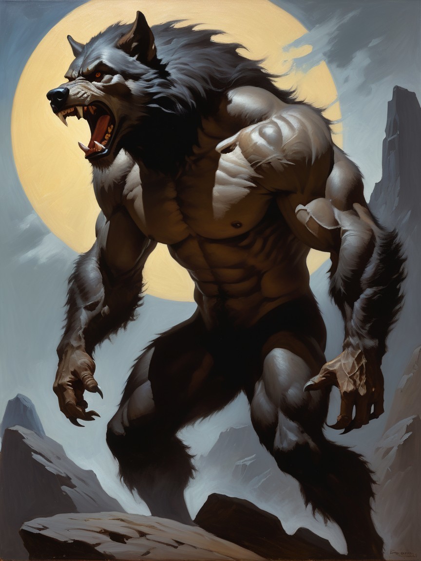 Muscular Werewolf Roaring Under Glowing Moonlight