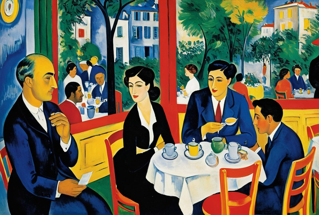 Vibrant café scene with figures in conversation