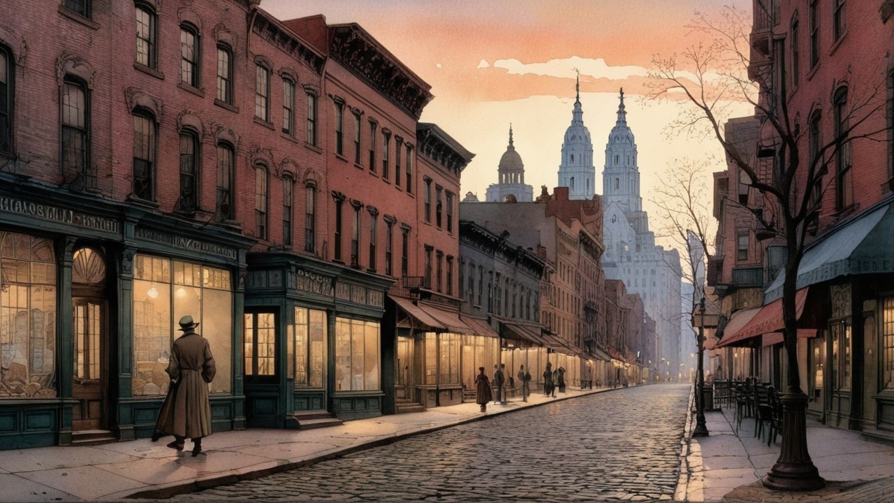 Tranquil Morning on a Cobblestone Street with Shops