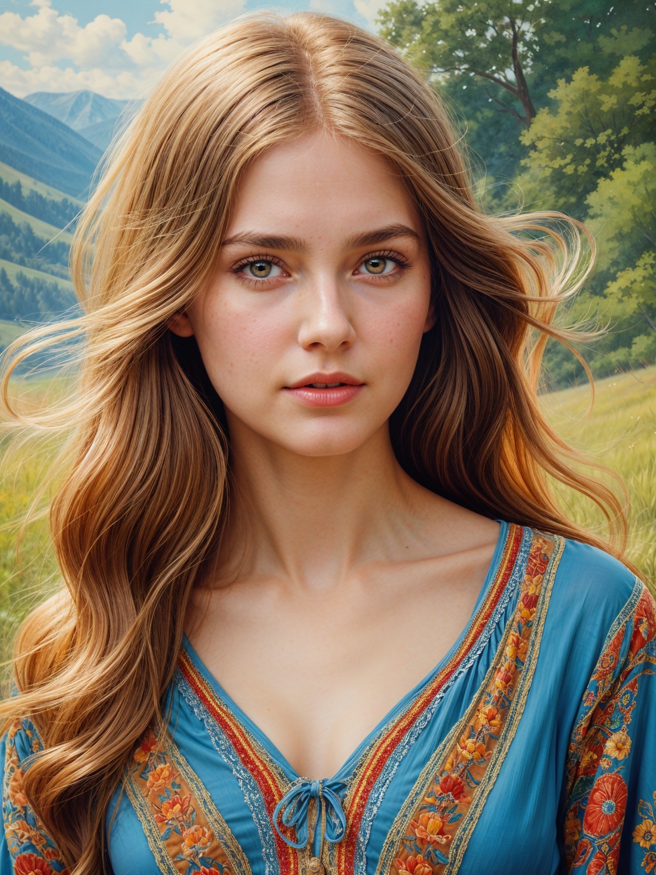 Young woman in embroidered blouse in vibrant landscape