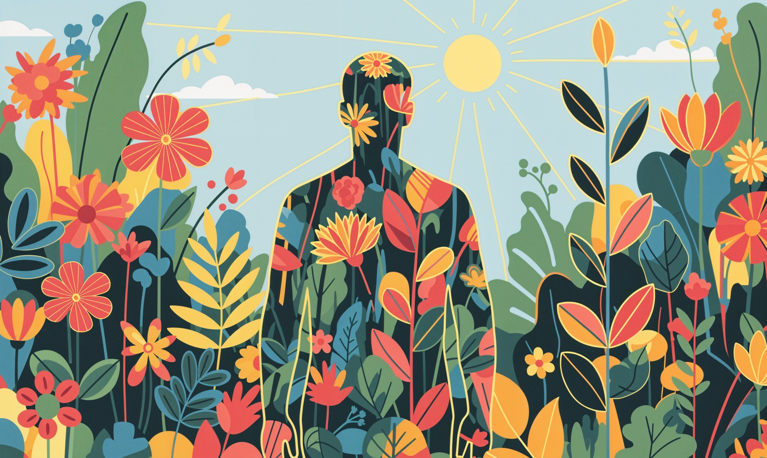 Colorful Illustration of Human Silhouette with Flowers