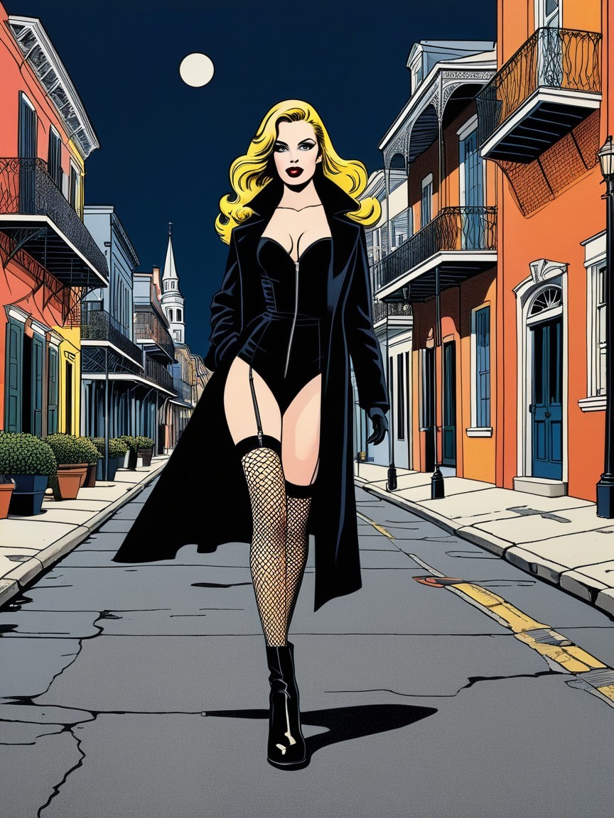 Blonde Woman in Comic Style on Nighttime Street
