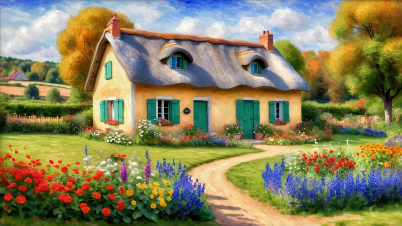 Charming Cottage Surrounded by Vibrant Garden Landscape