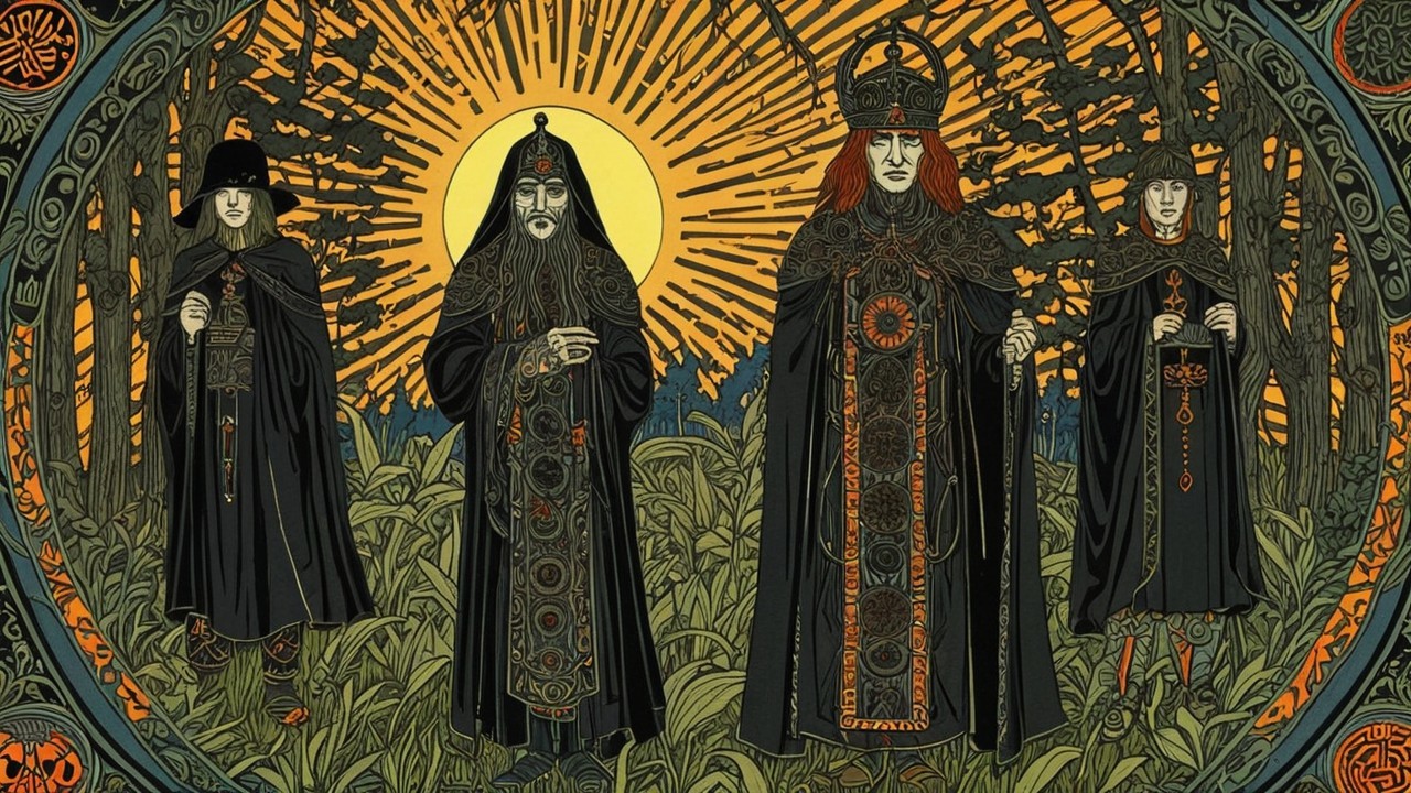 Cloaked Figures in a Serene Mystical Landscape