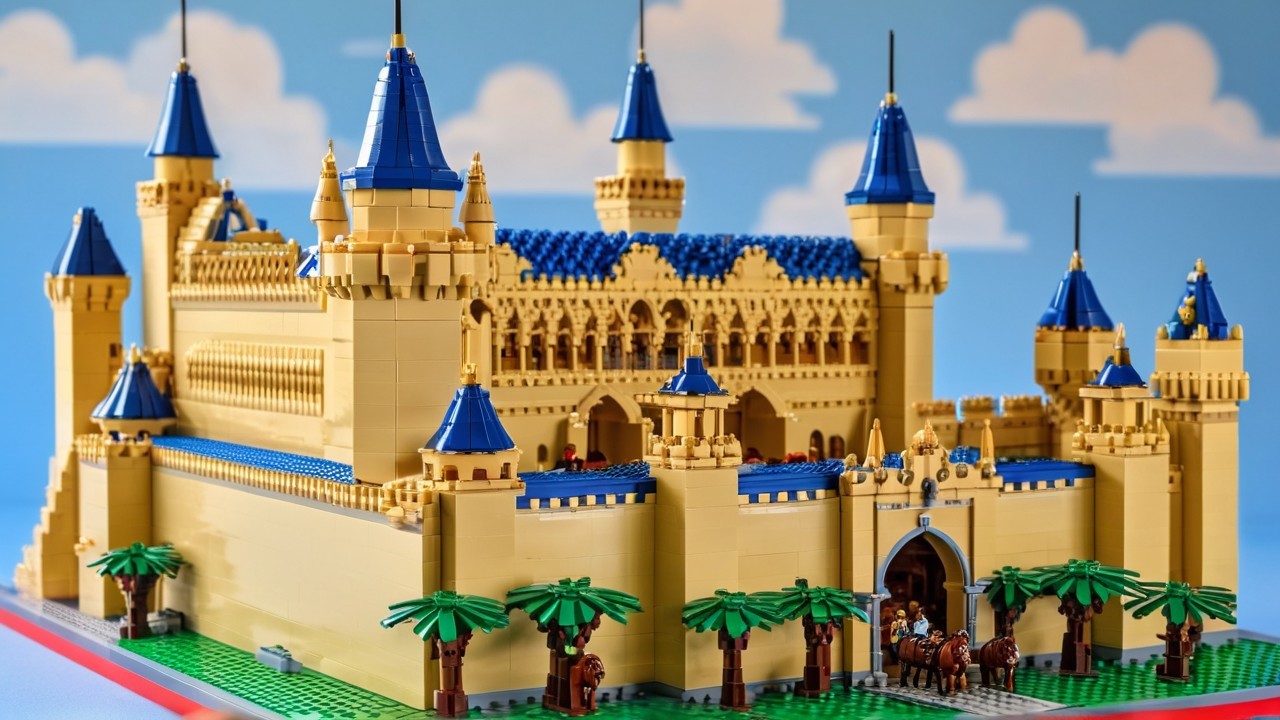 Intricate LEGO castle with blue roofs and towers