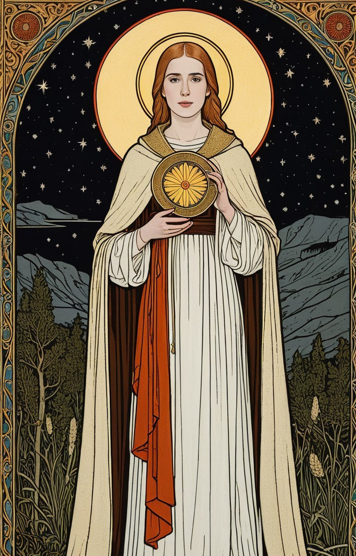 Female figure in white gown with halo in night sky