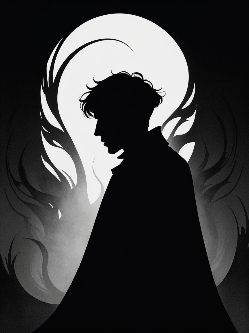 Silhouette Against a Full Moon with Abstract Shapes