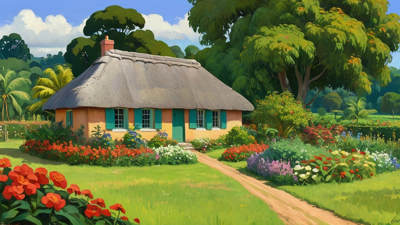 Thatched-Roof Cottage Surrounded by Vibrant Garden