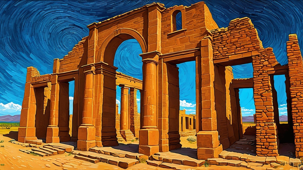 Vibrant Stylized Representation of Ancient Ruins