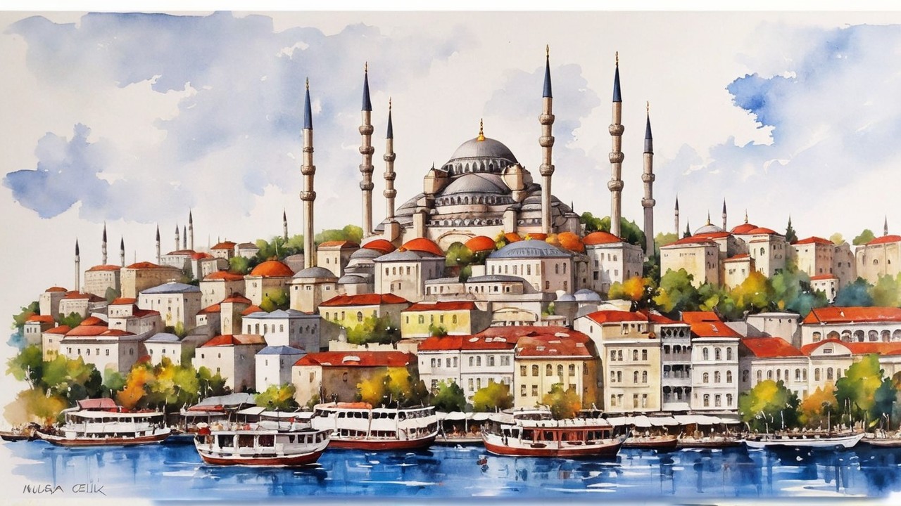 Watercolor Painting of Istanbul's Skyline and Boats