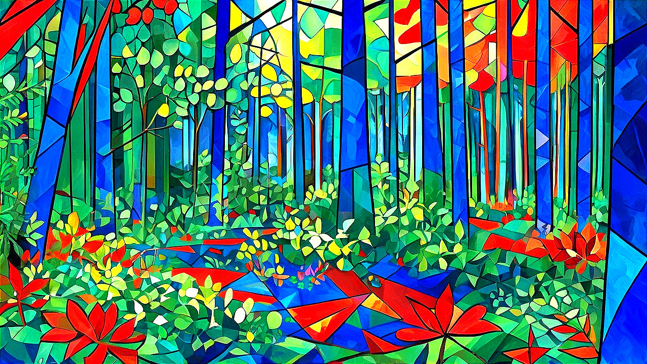 Vibrant Abstract Landscape with Geometric Forest Shapes