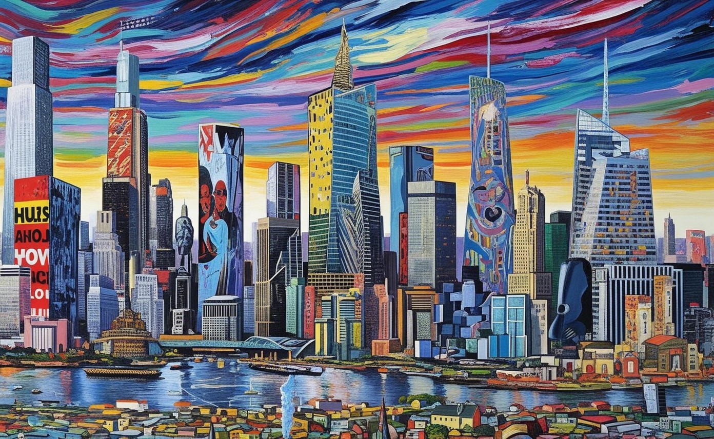 Vibrant City Skyline at Sunset with Colorful Skyscrapers