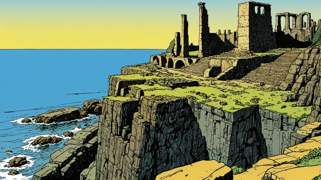 Ancient Ruins on Cliff Overlooking Serene Sea