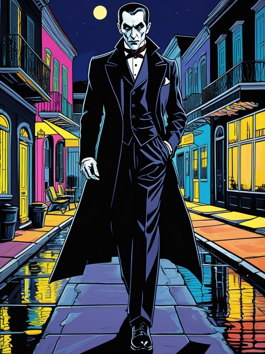 Dracula Walking on a Colorful New Orleans Street
