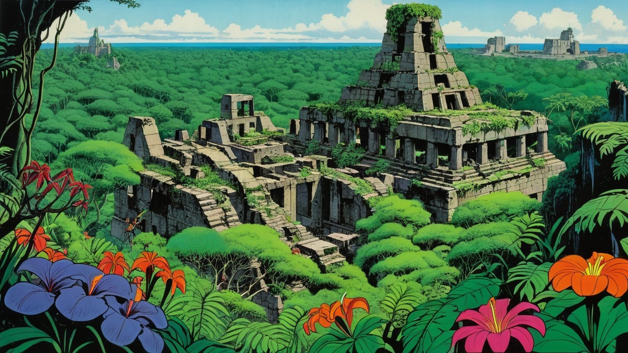 Ancient Jungle Ruins Surrounded by Lush Foliage