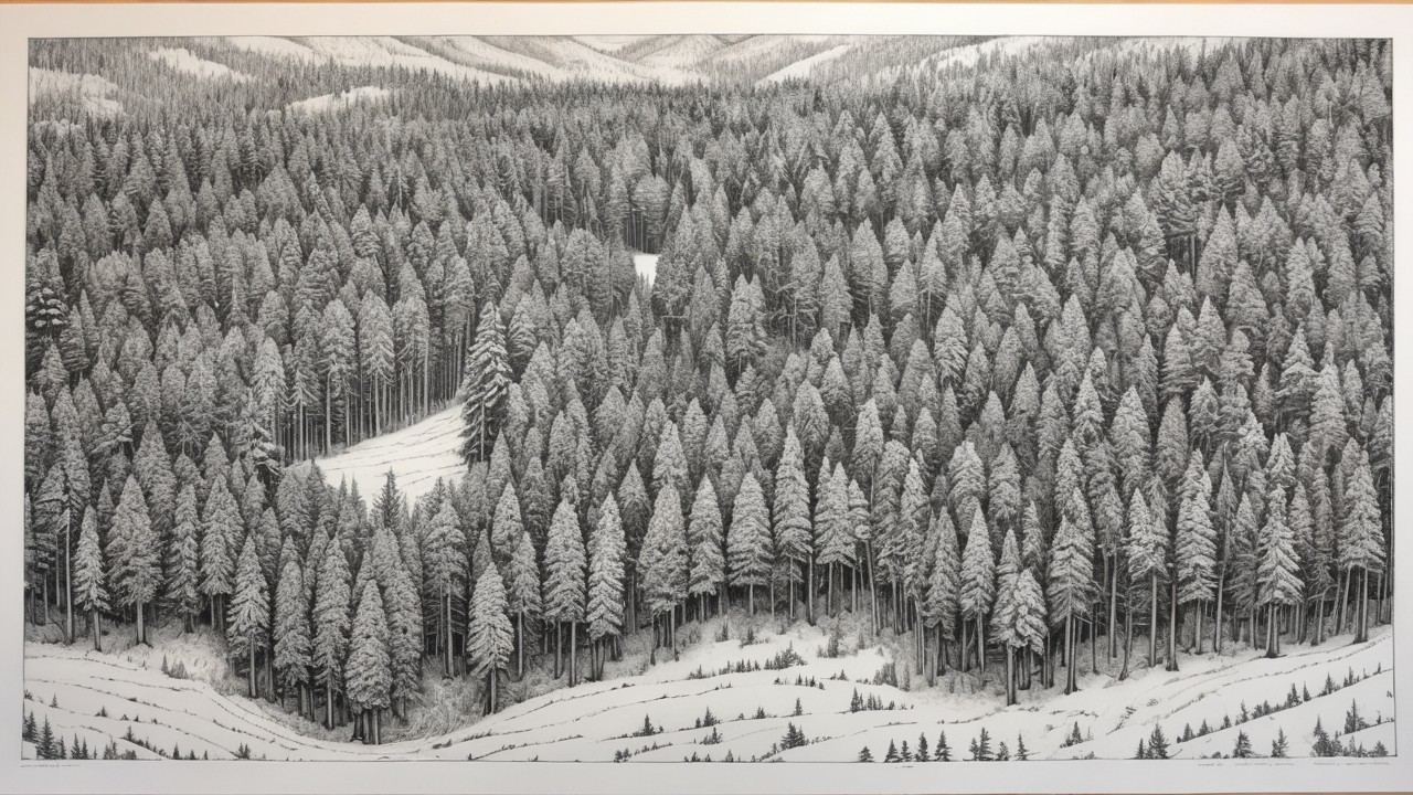 Serene Black-and-White Forest Landscape with Pines