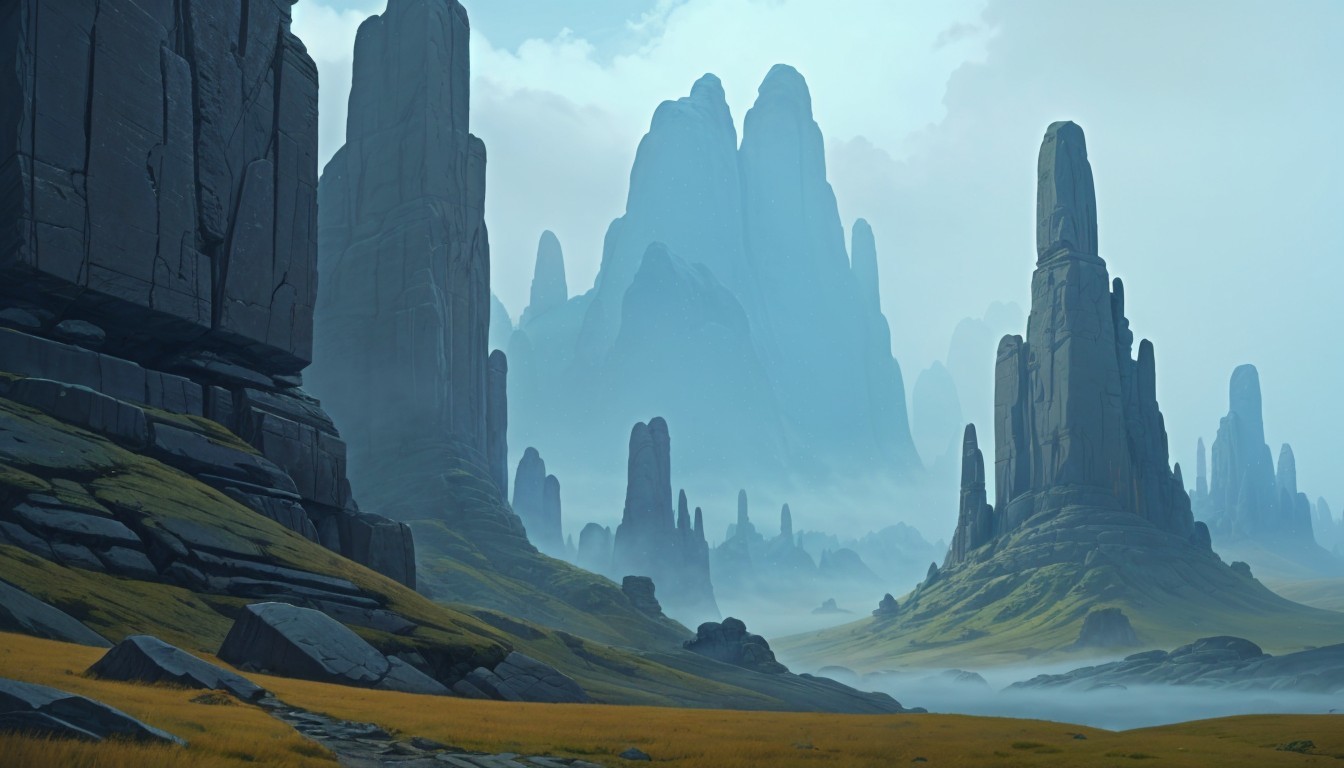 Serene Landscape with Misty Rock Formations and Cliffs