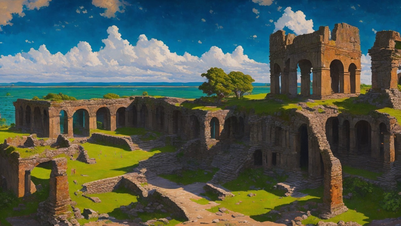 Ancient Ruins Surrounded by Lush Greenery and Water