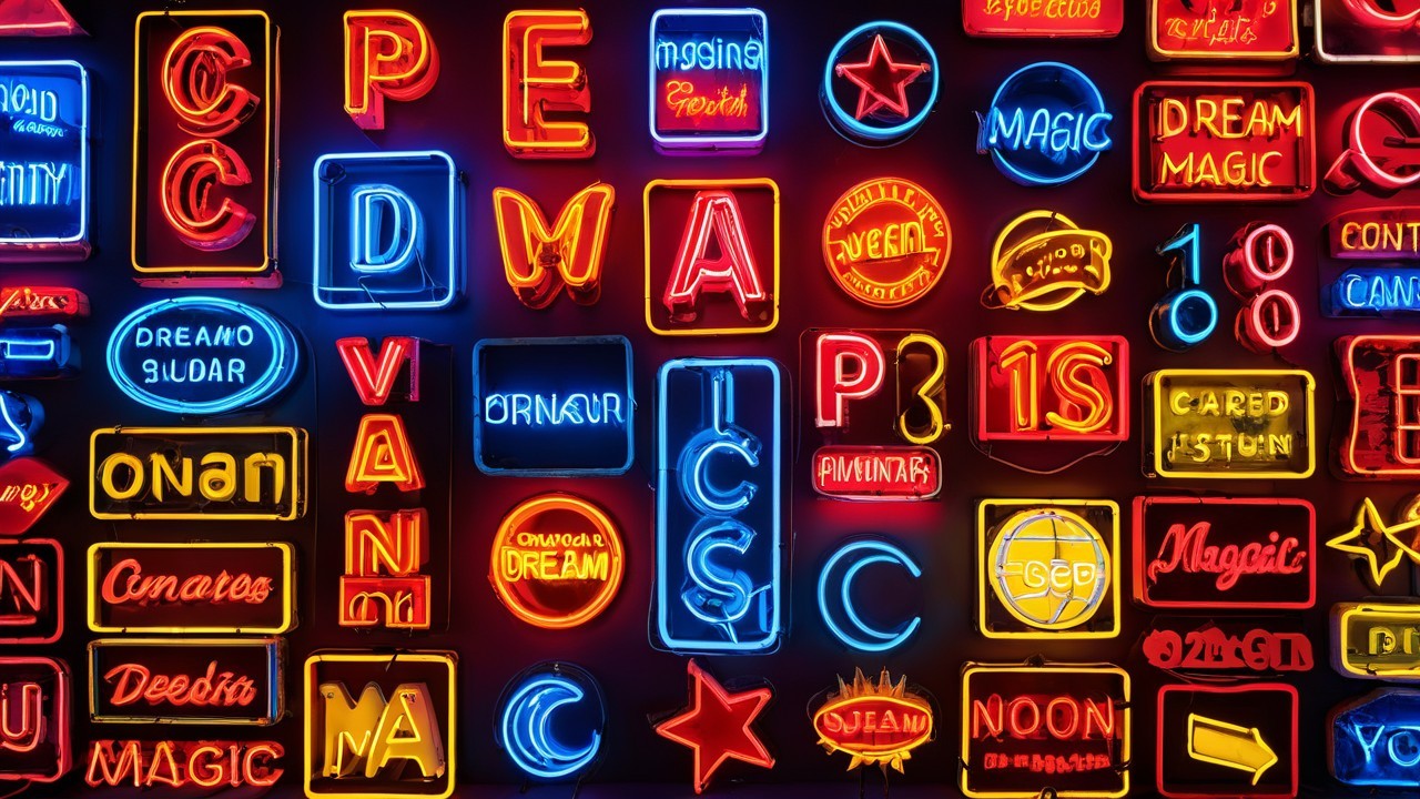 Colorful Neon Signs in a Dense Grid Display
