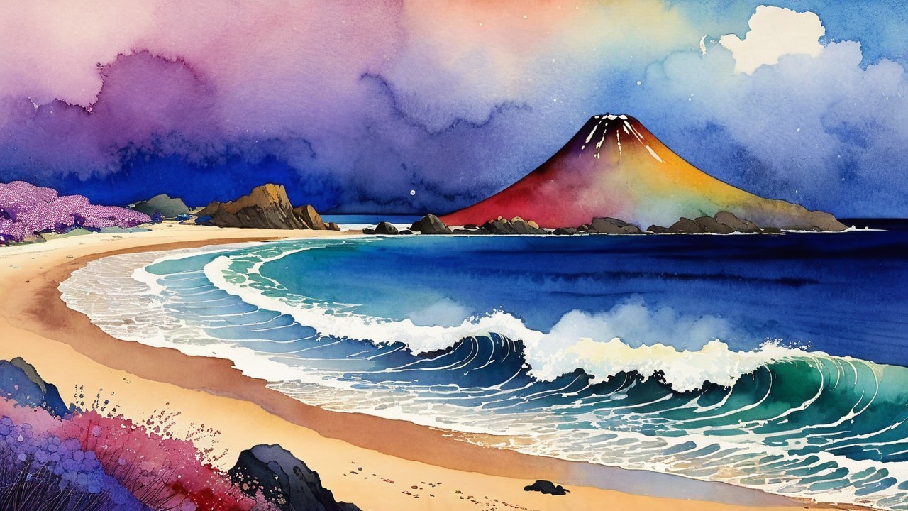 Vibrant Volcano and Tranquil Shoreline Watercolor Scene