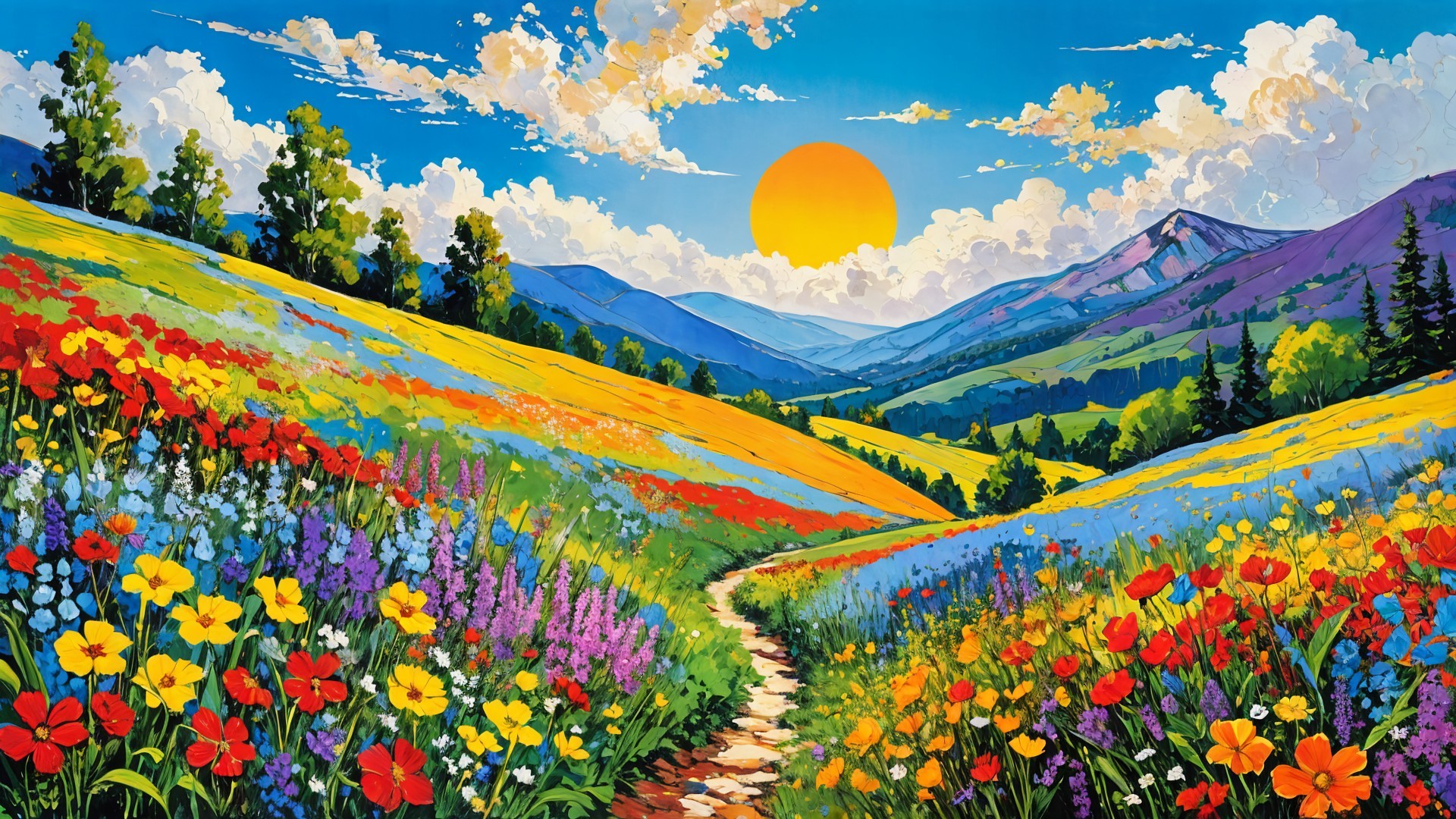 Vibrant Landscape with Colorful Wildflowers and Hills