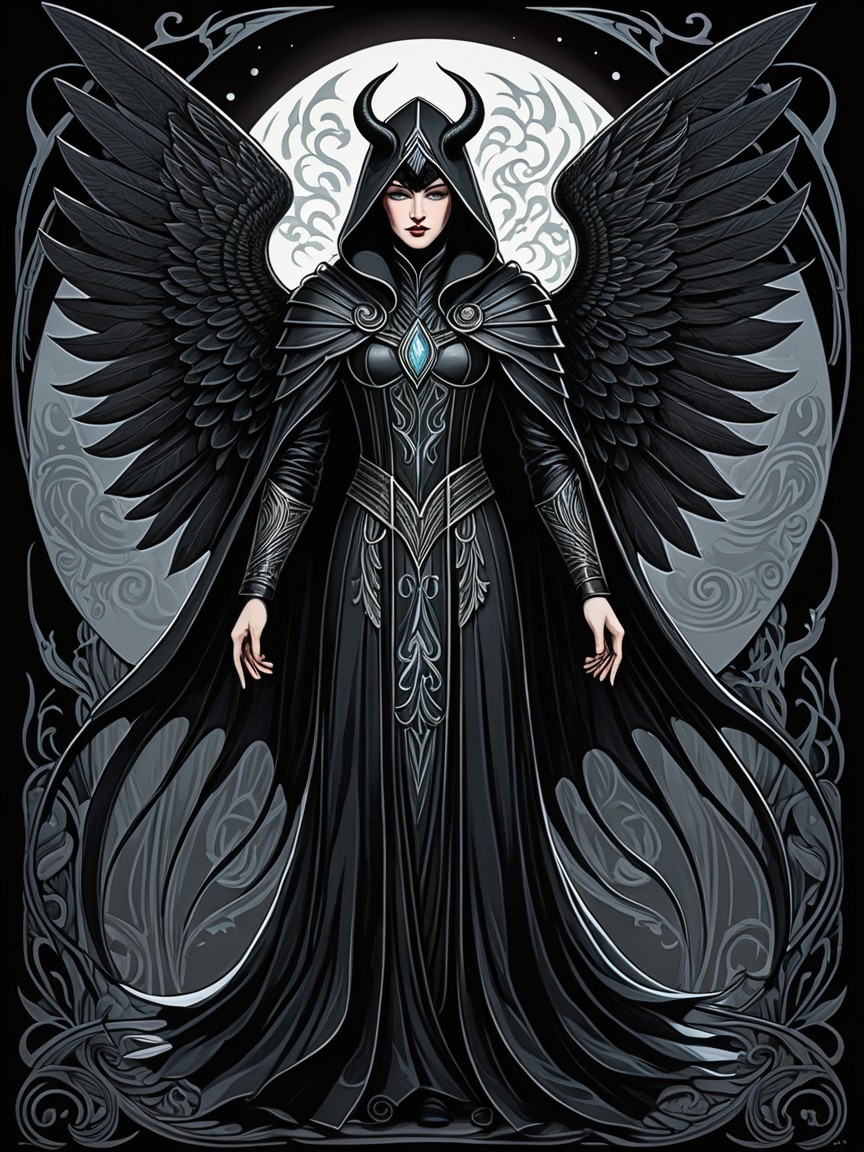 Mystical Warrior Figure in Dark Gown with Wings