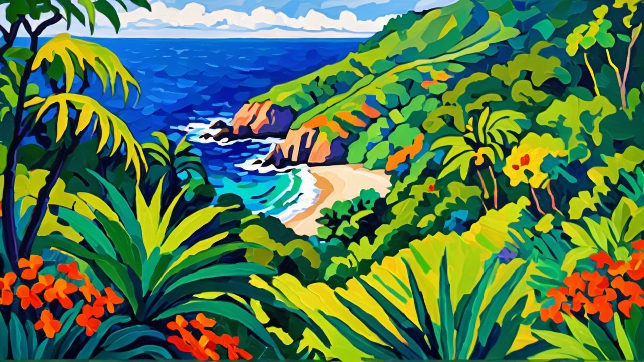Vibrant Coastal Scene with Lush Greenery and Ocean