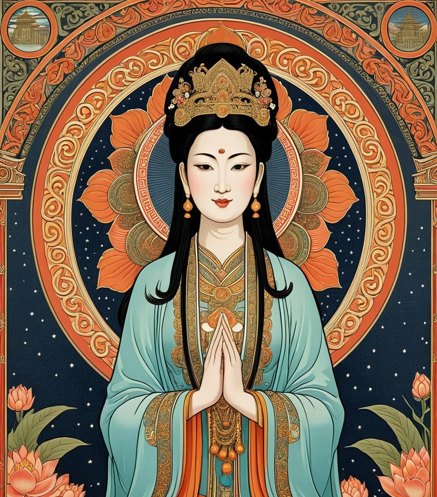 Serene figure in traditional attire with divine elements