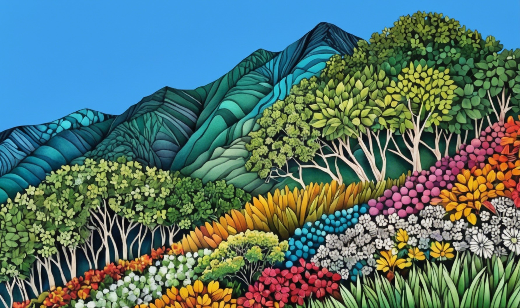 Vibrant Landscape with Rolling Mountains and Wildflowers