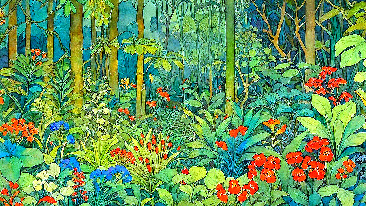 Vibrant Jungle Scene with Lush Greenery and Flowers