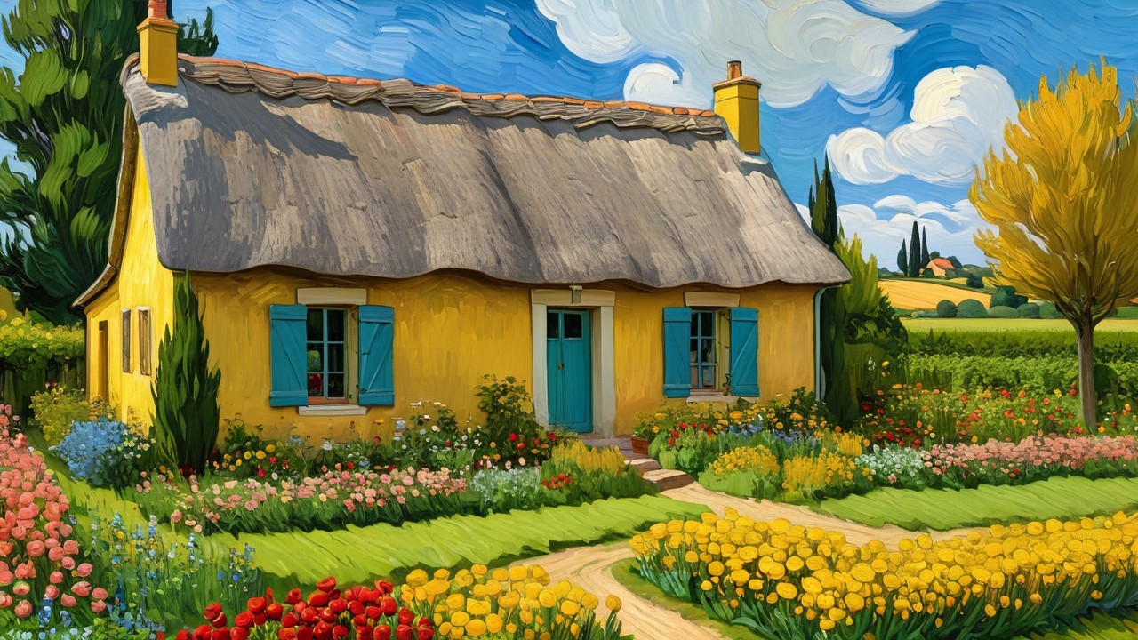 Charming Yellow Cottage Surrounded by Flower Gardens