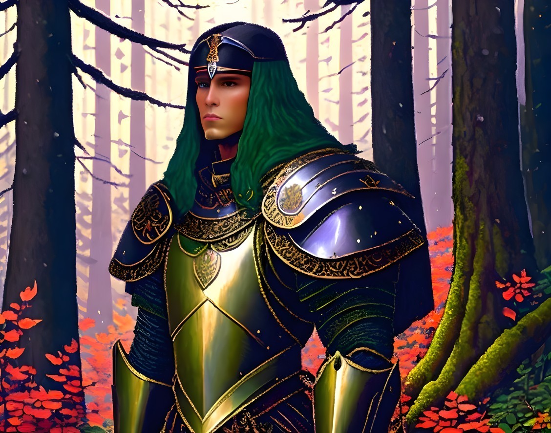 Armored Fantasy Figure in Vibrant Red Foliage Forest