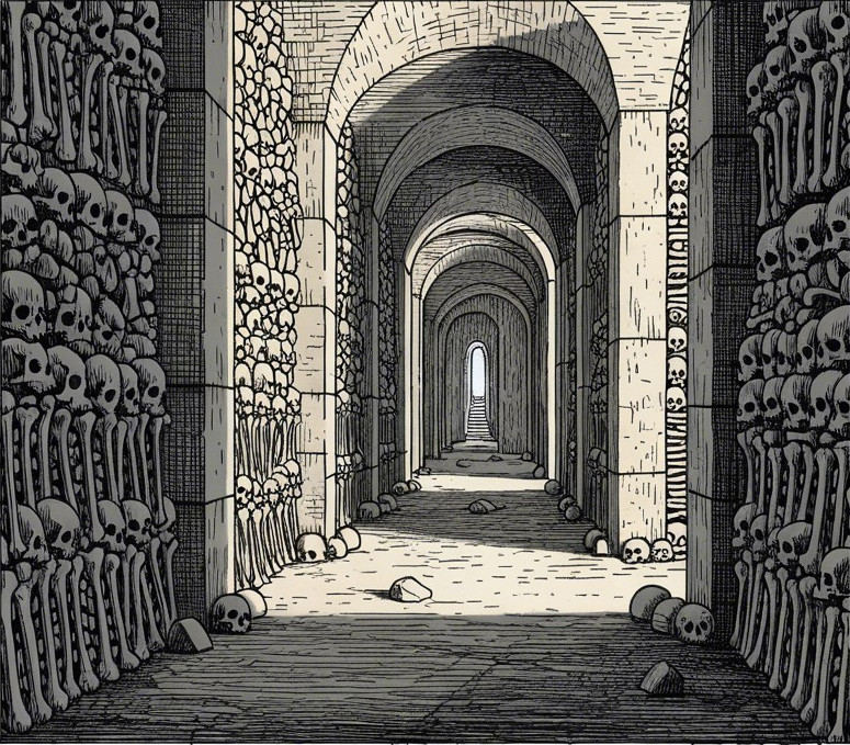 Underground Corridor with Skeletal Remains and Skulls