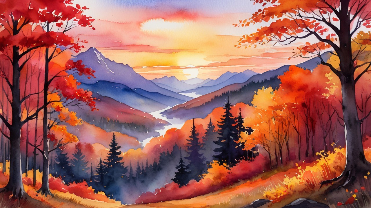 Serene Autumn Watercolor Landscape with Mountains and River